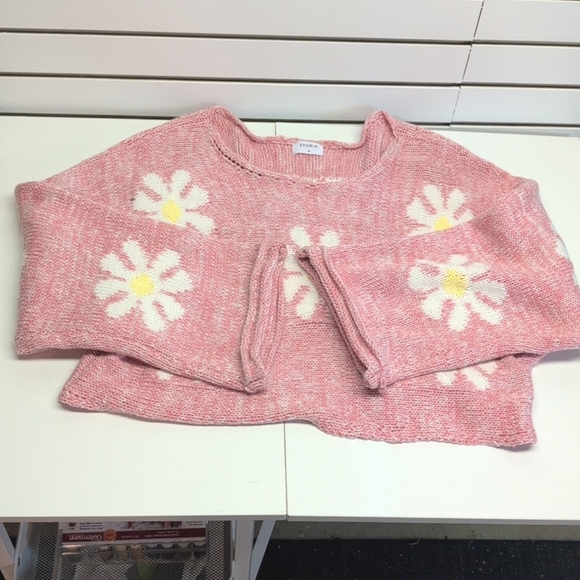 Storia Daisy Cropped Sweater Bell Sleeves Pink White Yellow Size Medium EUC - Picture 8 of 8